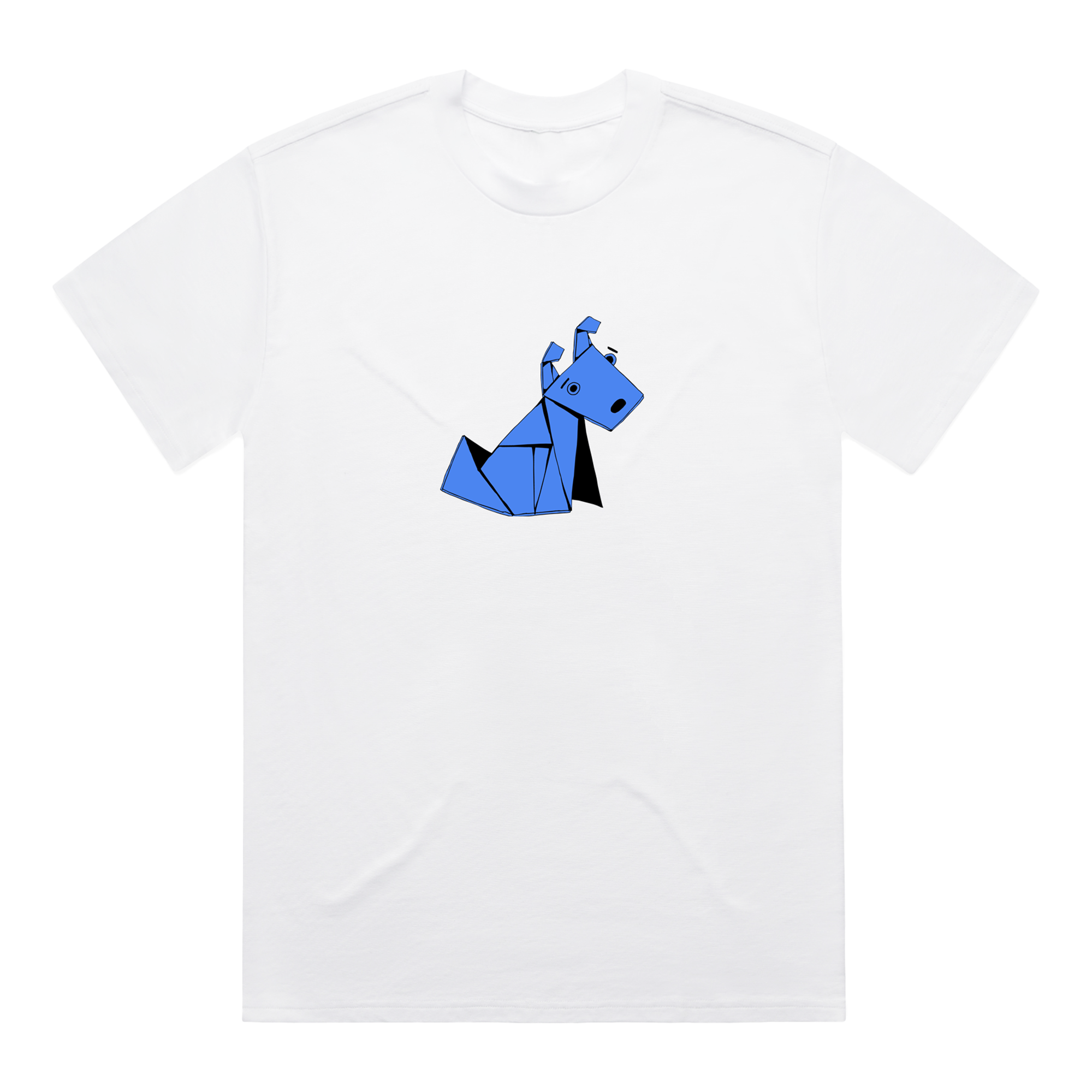 White James Marriott t-shirt with a blue origami dog design.