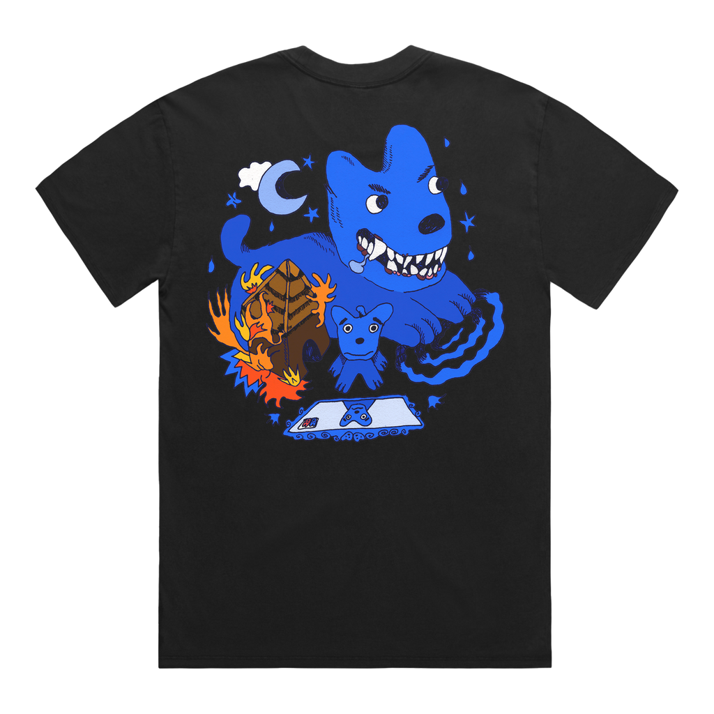 black t-shirt with dog illustration on back