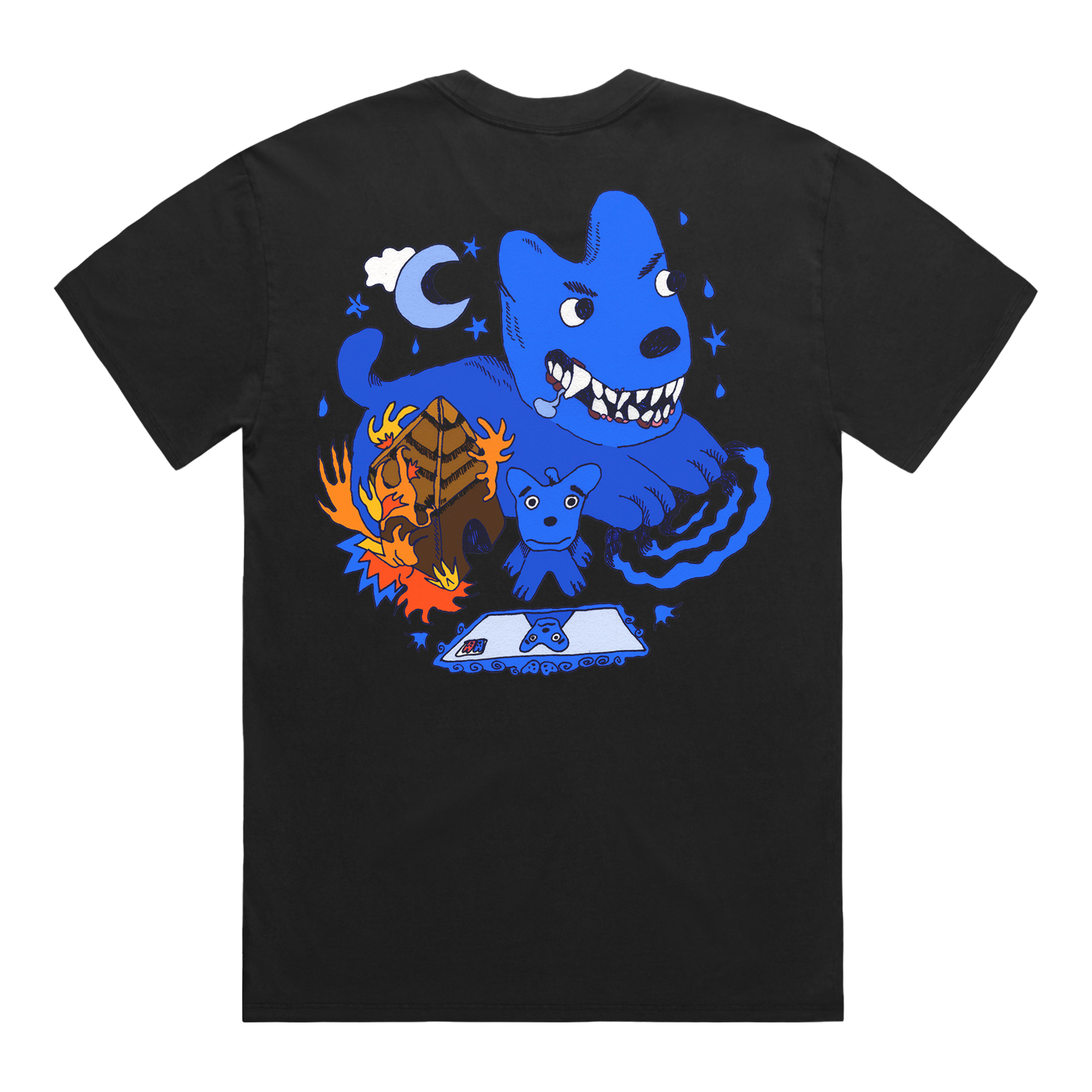 black t-shirt with dog illustration on back