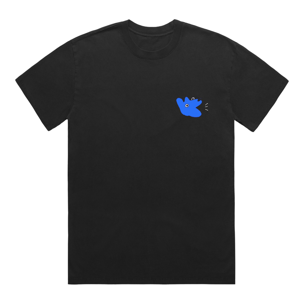 black t-shirt with dog illustration on left breast