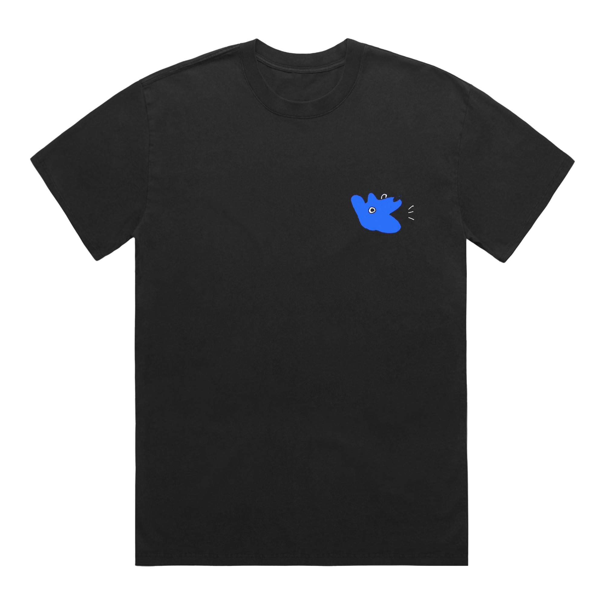 black t-shirt with dog illustration on left breast