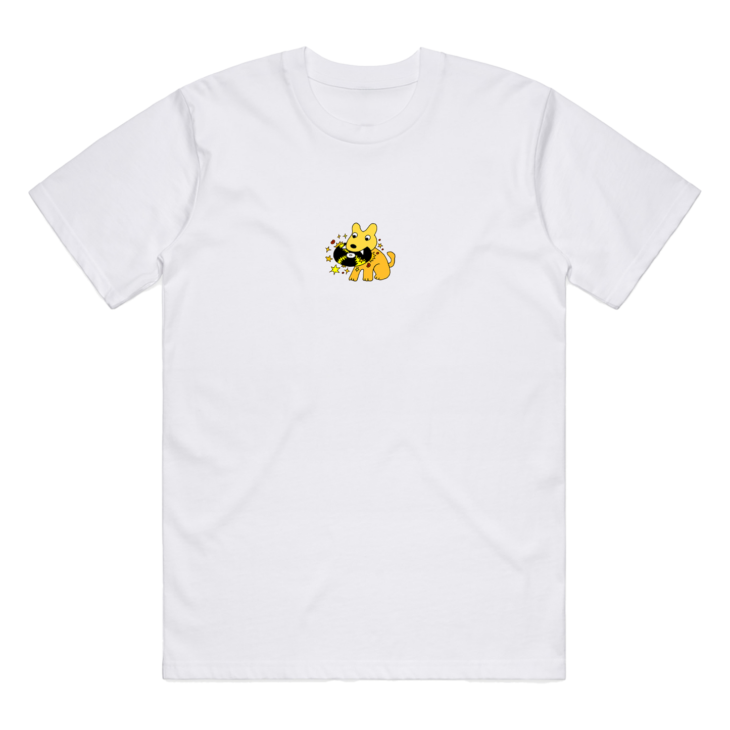 White T-Shirt with yellow embroidered dog carrying a vinyl record design to celebrate the Number 1 Album