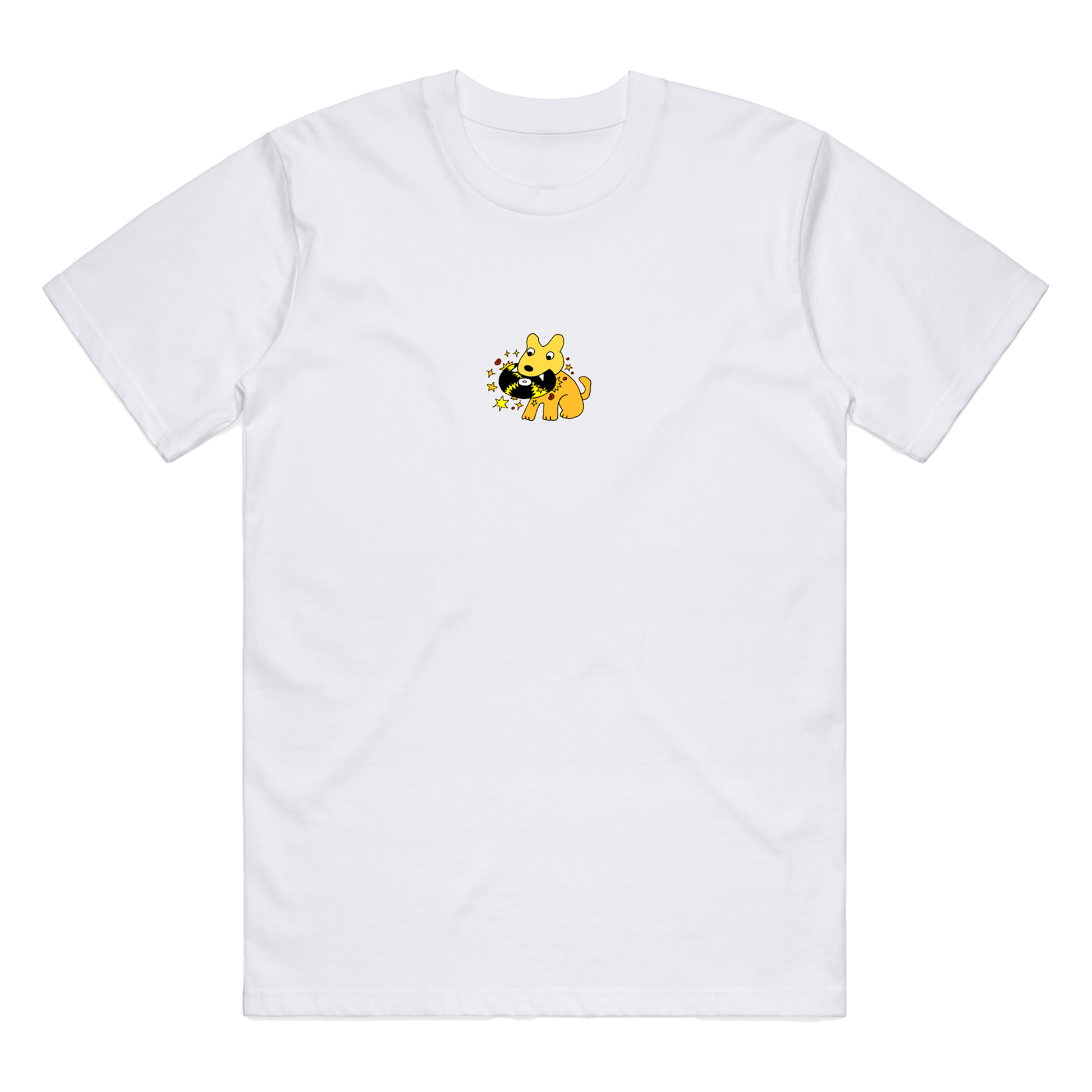 White T-Shirt with yellow embroidered dog carrying a vinyl record design to celebrate the Number 1 Album