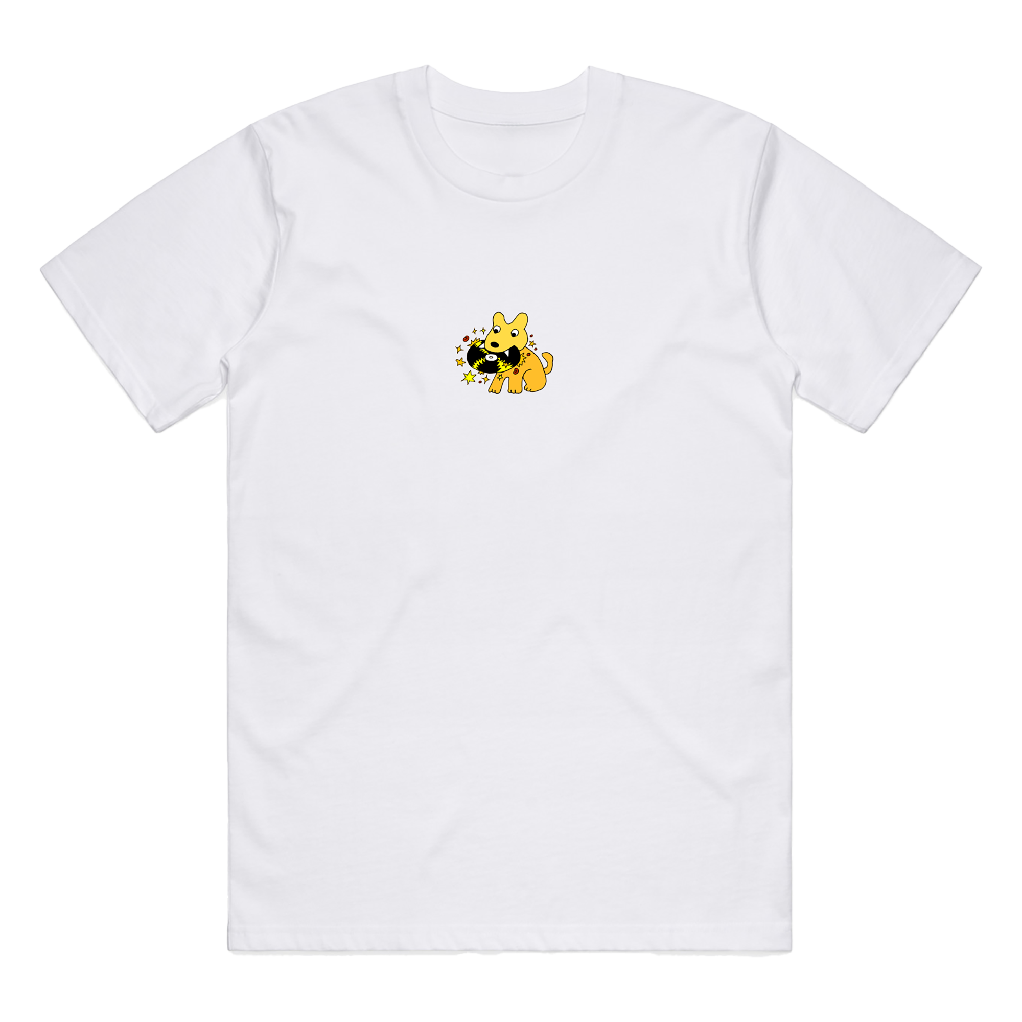 White T-Shirt with yellow embroidered dog carrying a vinyl record design to celebrate the Number 1 Album