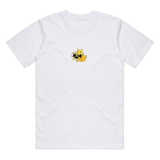 White T-Shirt with yellow embroidered dog carrying a vinyl record design to celebrate the Number 1 Album