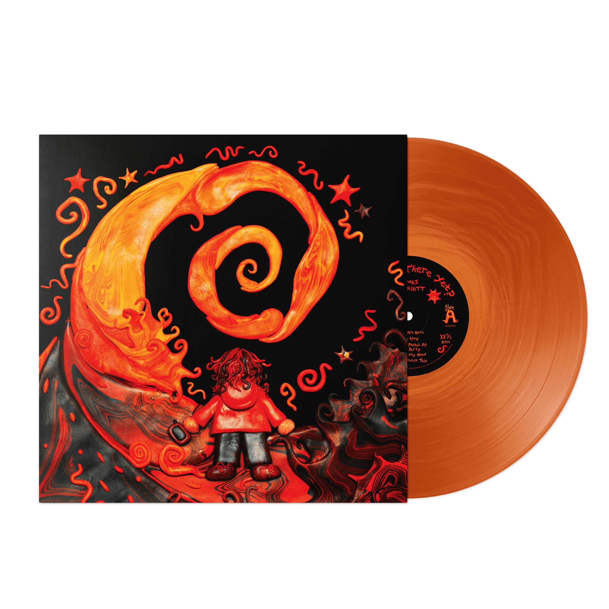 Vinyl record with orange and black design featuring a person in a red coat and swirling patterns.