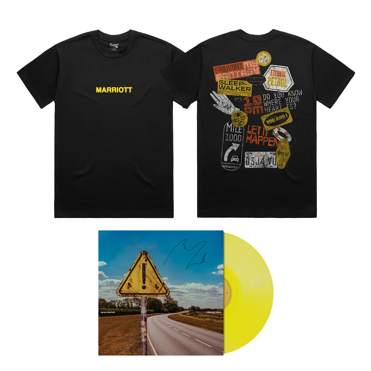 Black short-sleeve t-shirt shown front and back with a colorful collage-style graphic on the back, plus a vinyl record sleeve featuring a road sign and a translucent yellow record.